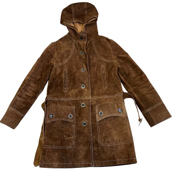Vintage Retro 70s 80s Suede Jacket Hip Length Hooded Belted Brown Fitted XS - Picture 6 of 16